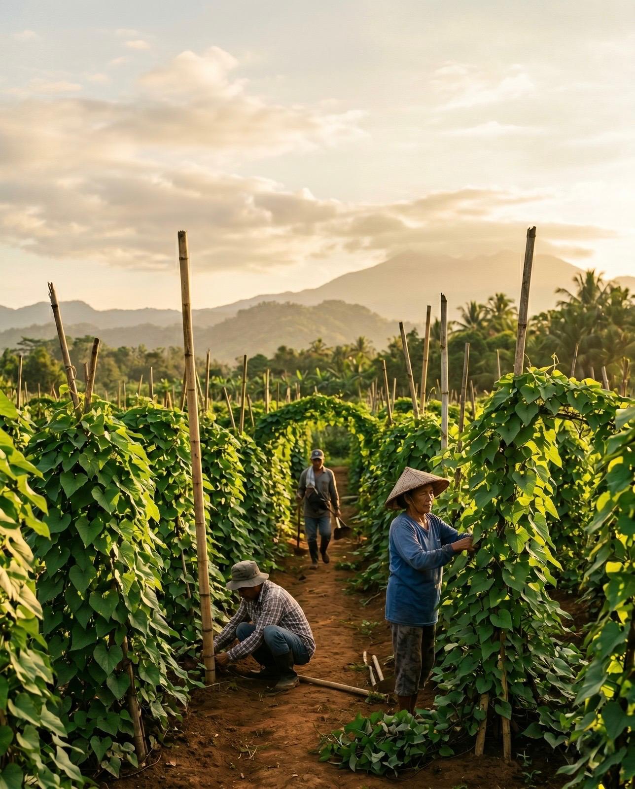 Farmers tending ube vines on bamboo trellises at sunrise, Philippine highlands